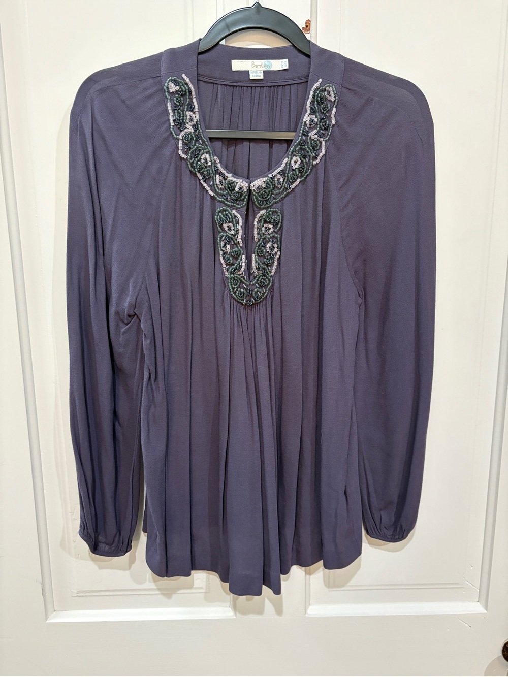 Boden Plum Long-Sleeve Pleated V-Neck Blouse with Embellished Trim